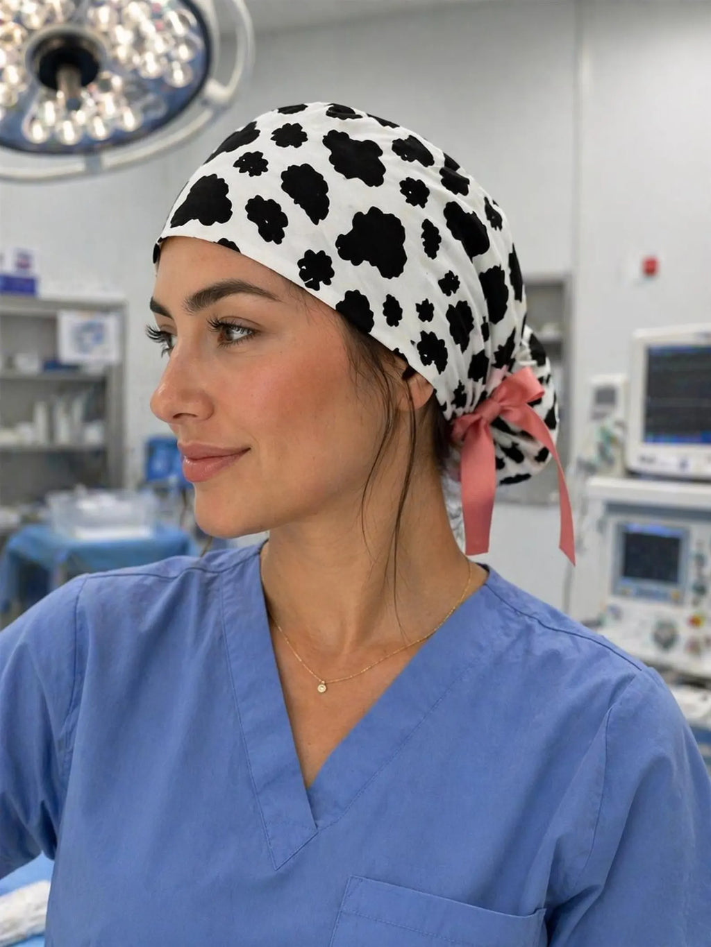 Cow Print Scrub Cap with Pink Ties