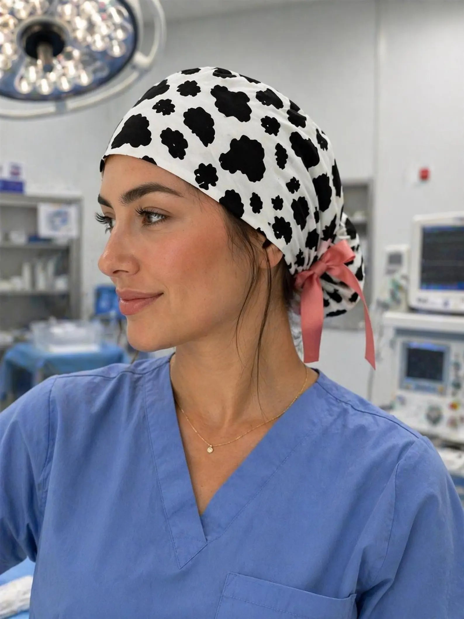 Cow Print Scrub Cap with Pink Ties