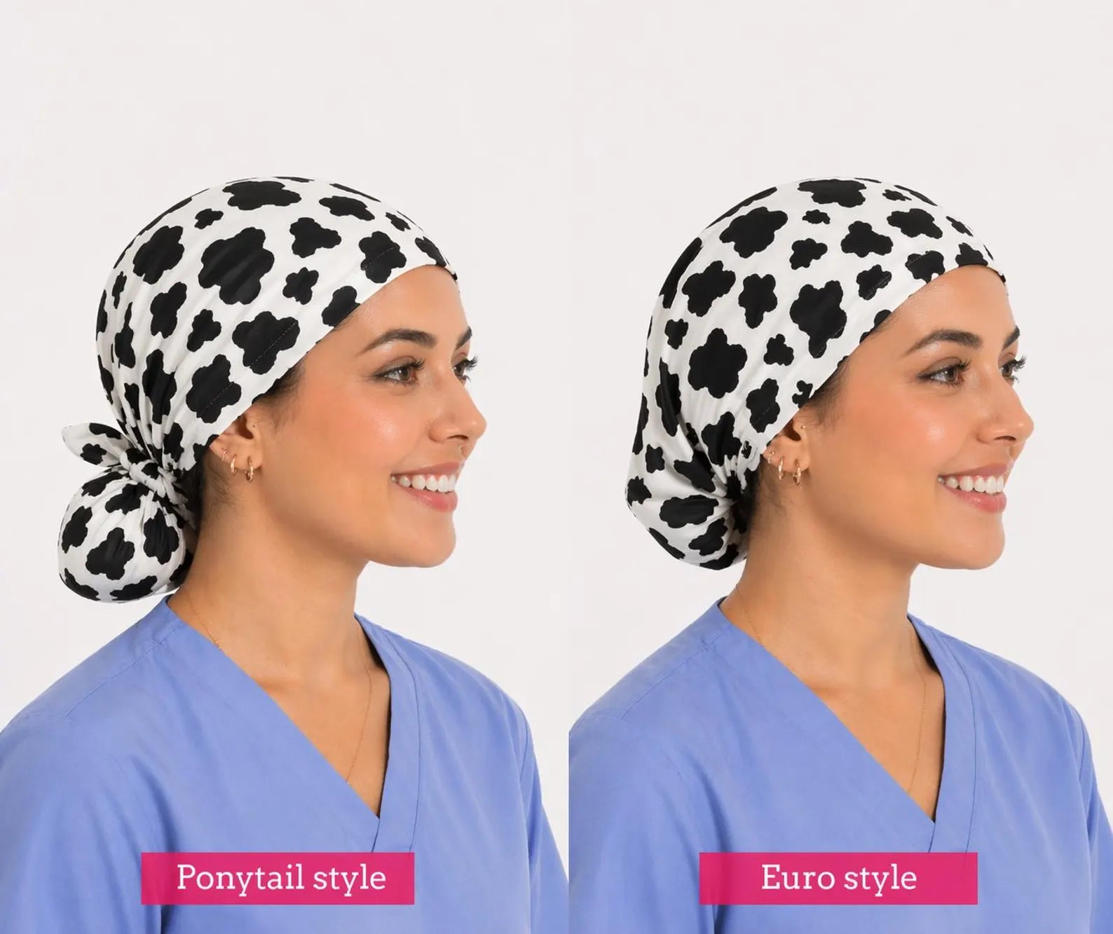Cow Print Scrub Cap with Pink Ties