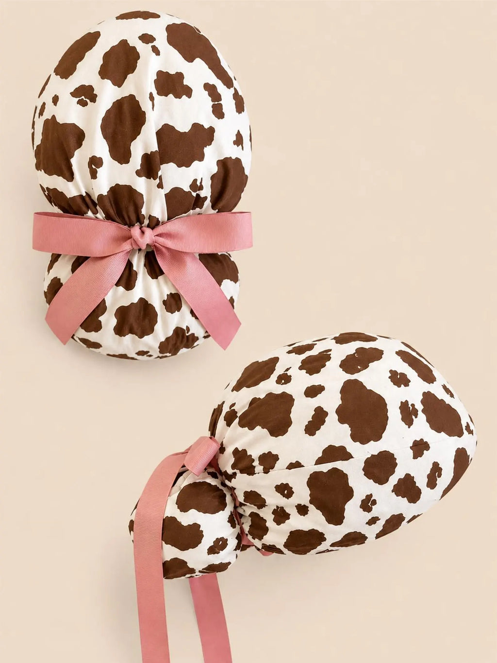 Cow Print Scrub Cap with Pink Ties